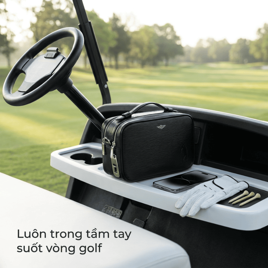 Túi Golf Cầm Tay Da Cao Cấp Maldini Khoá Vân Tay - TGCT03 túi cầm tay golf da cao cấp maldini khoá vân tay đặt trên xe golf TGCT03