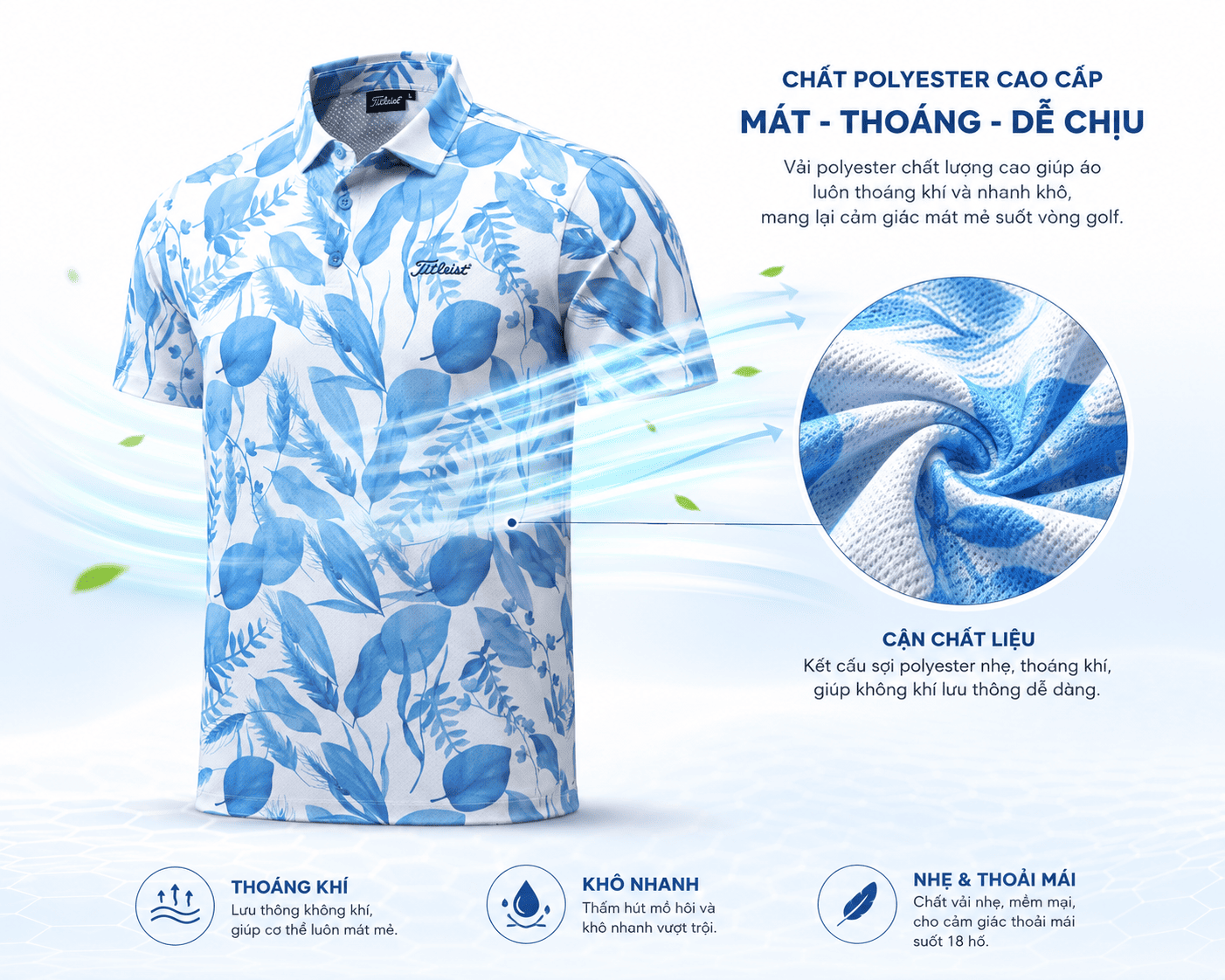 Áo Polo Golf Tropic Cool | Titleist Infographic mô tả chi tiết chất vải áo polo golf tropic cool Titleist