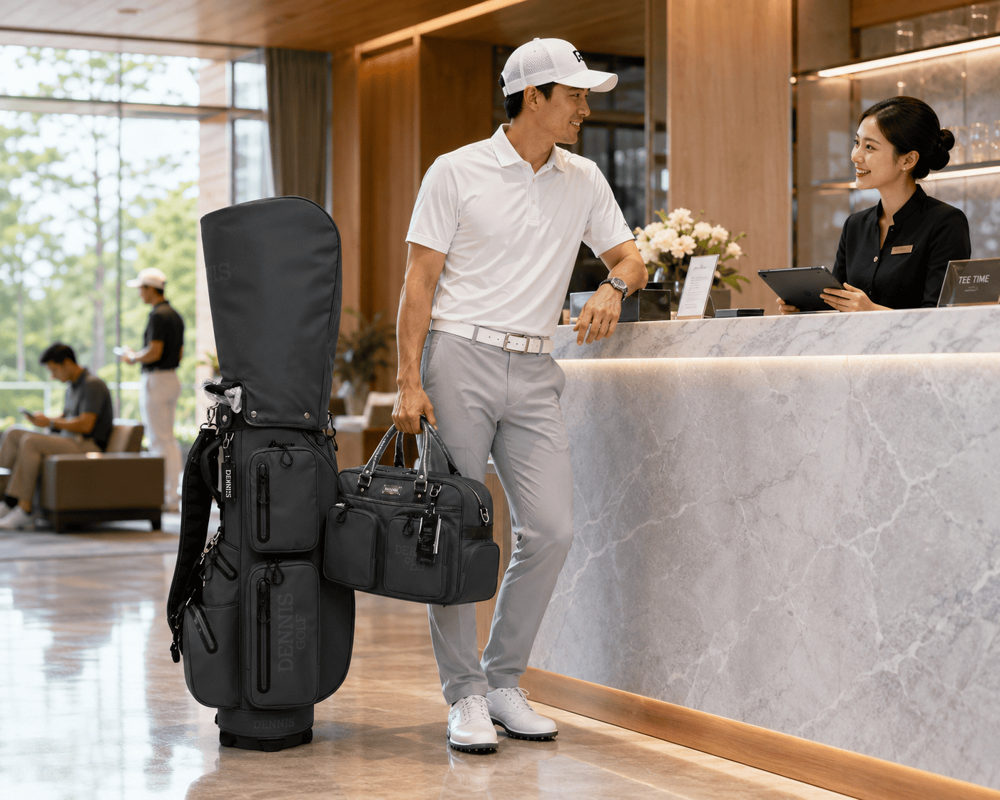 Bộ Túi Gậy Golf Và Túi Đựng Quần Áo | Dennis Golf golfer mang bộ túi gậy golf dennis khi checkin tại sân golf