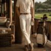 golfer mặc quần trắng áo be đi giày cole haan golf màu nâu