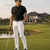 golfer mặc quần trắng áo đen và đi giày cole haan golf màu đen