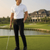 golfer mặc áo trắng quần đen và đi giày Cole Haan golf màu đen