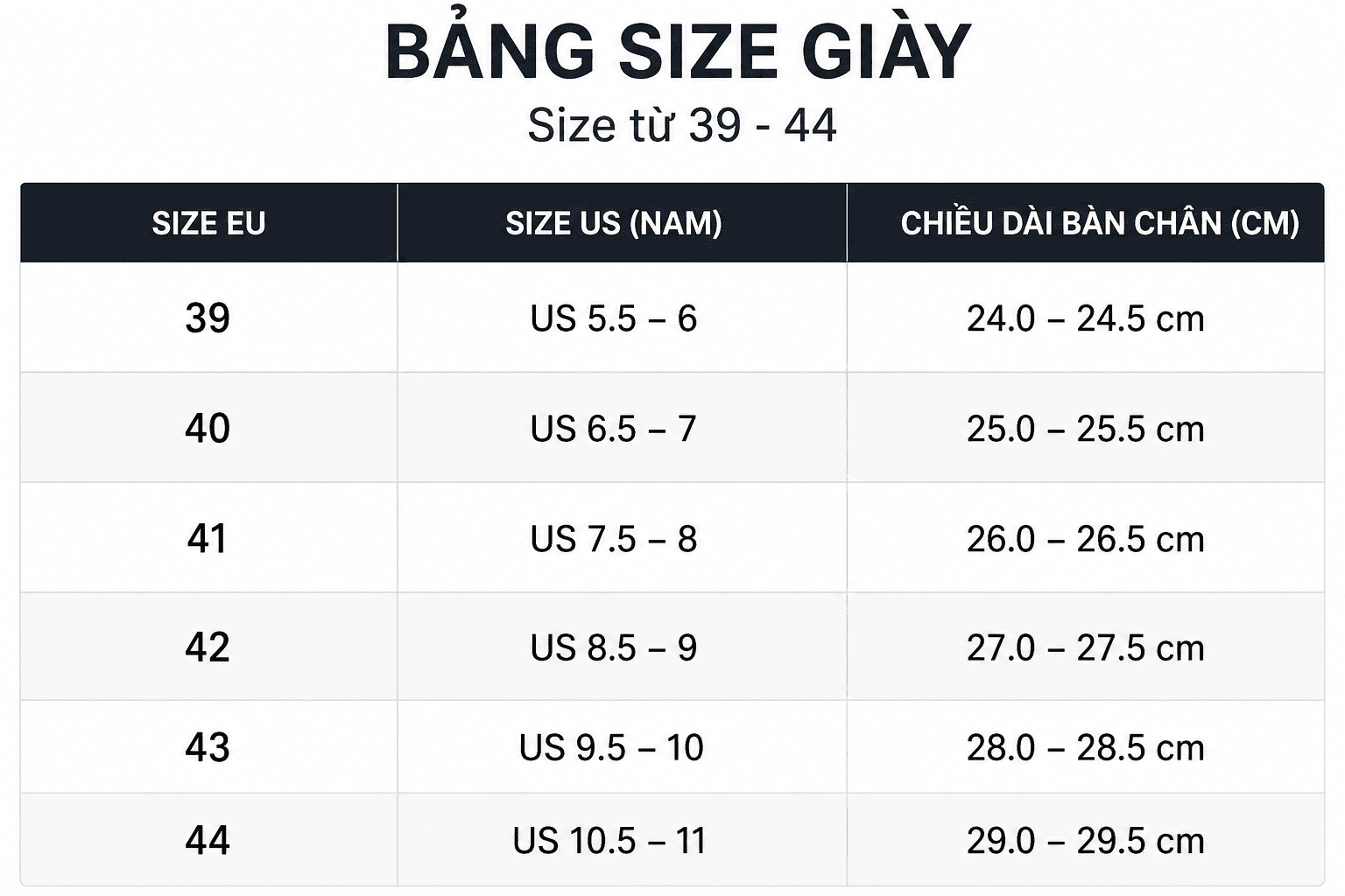 bang size giay golf gfore nam
