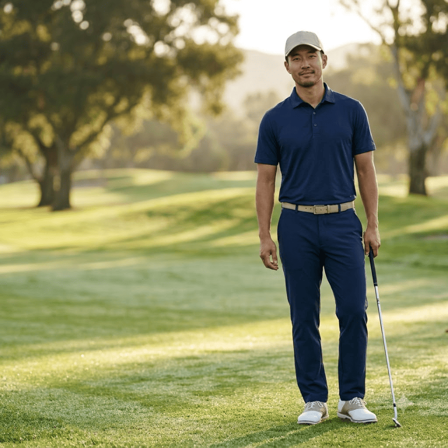 Người chơi golf Việt Nam mặc áo polo màu xanh hải quân làm màu chủ đạo trong trang phục golf