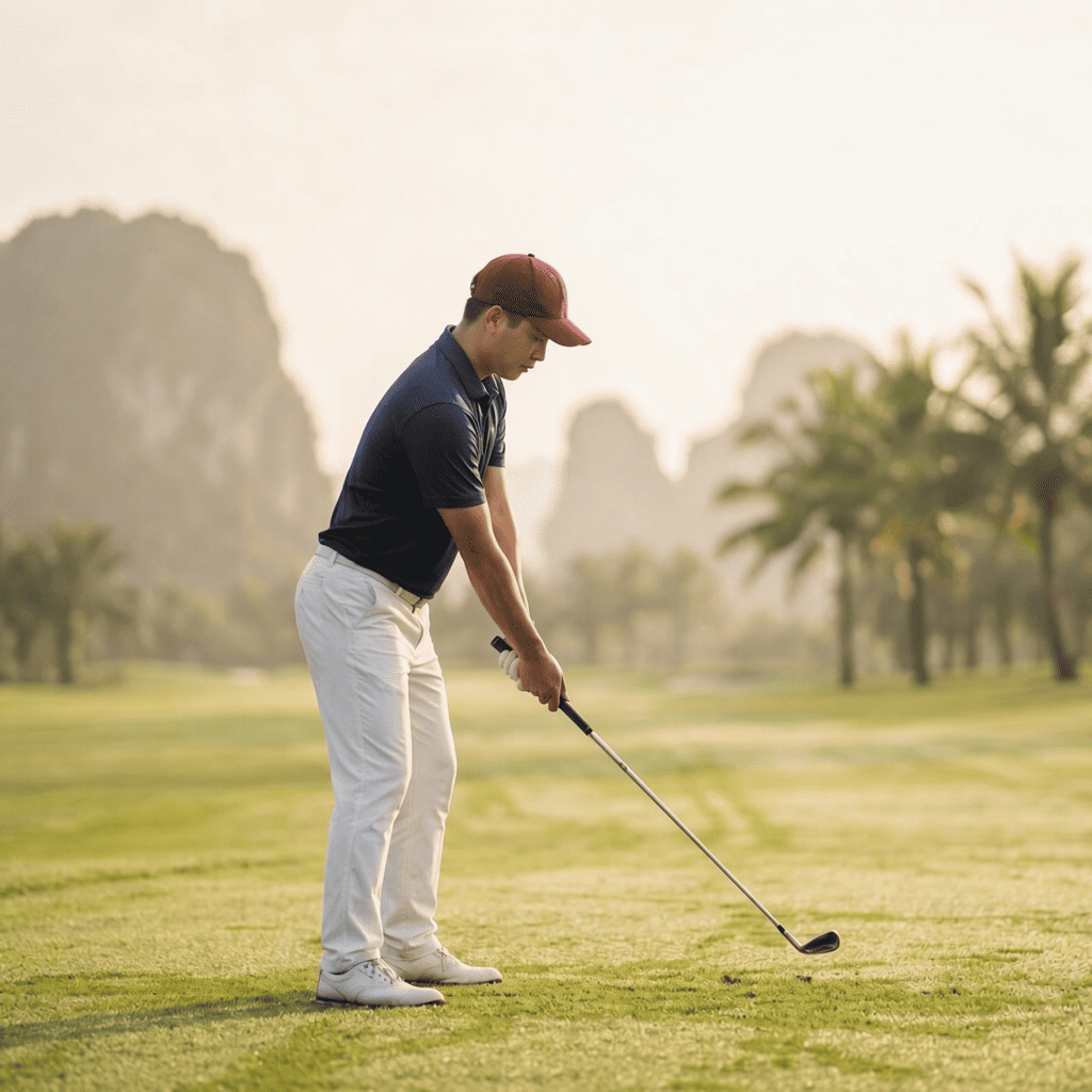 Ví dụ bộ trang phục golf phối màu xanh hải quân, trắng và đỏ rượu vang theo tỷ lệ 60-30-10 trên người chơi golf Việt Nam