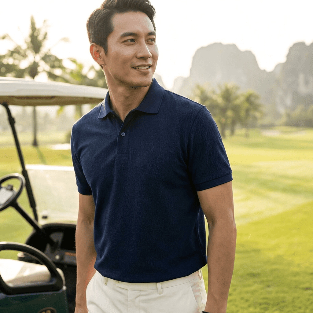 Người chơi golf Việt Nam mặc trang phục phối theo tỷ lệ 60-30-10 trên sân golf xanh