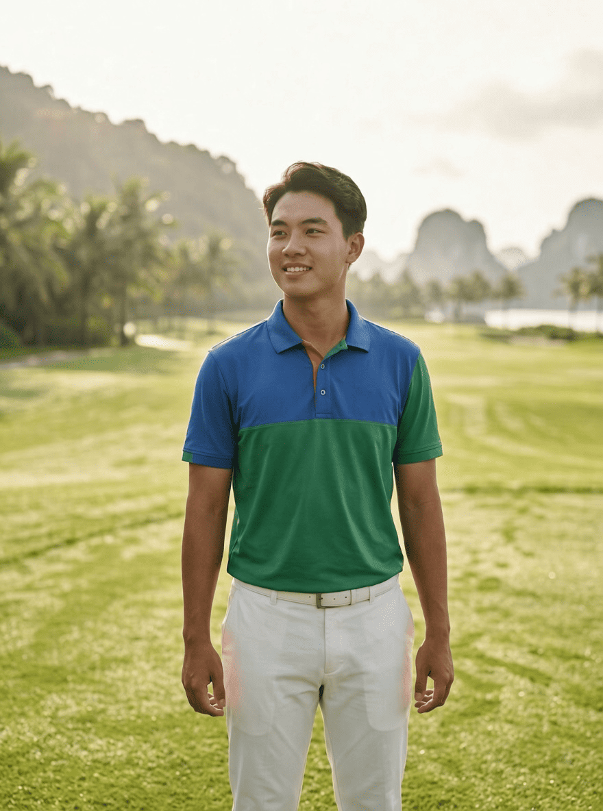 Người chơi golf Việt Nam trẻ tuổi (Gen Z) mặc trang phục golf tông màu cá tính và hiện đại