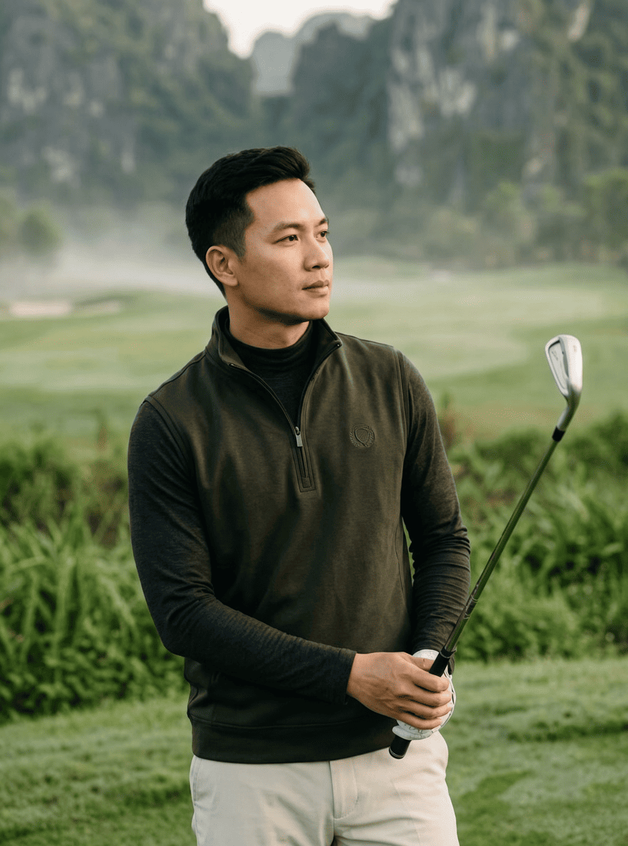 Người chơi golf Việt Nam mặc trang phục golf mùa đông tông màu xanh hải quân, đen và xám than
