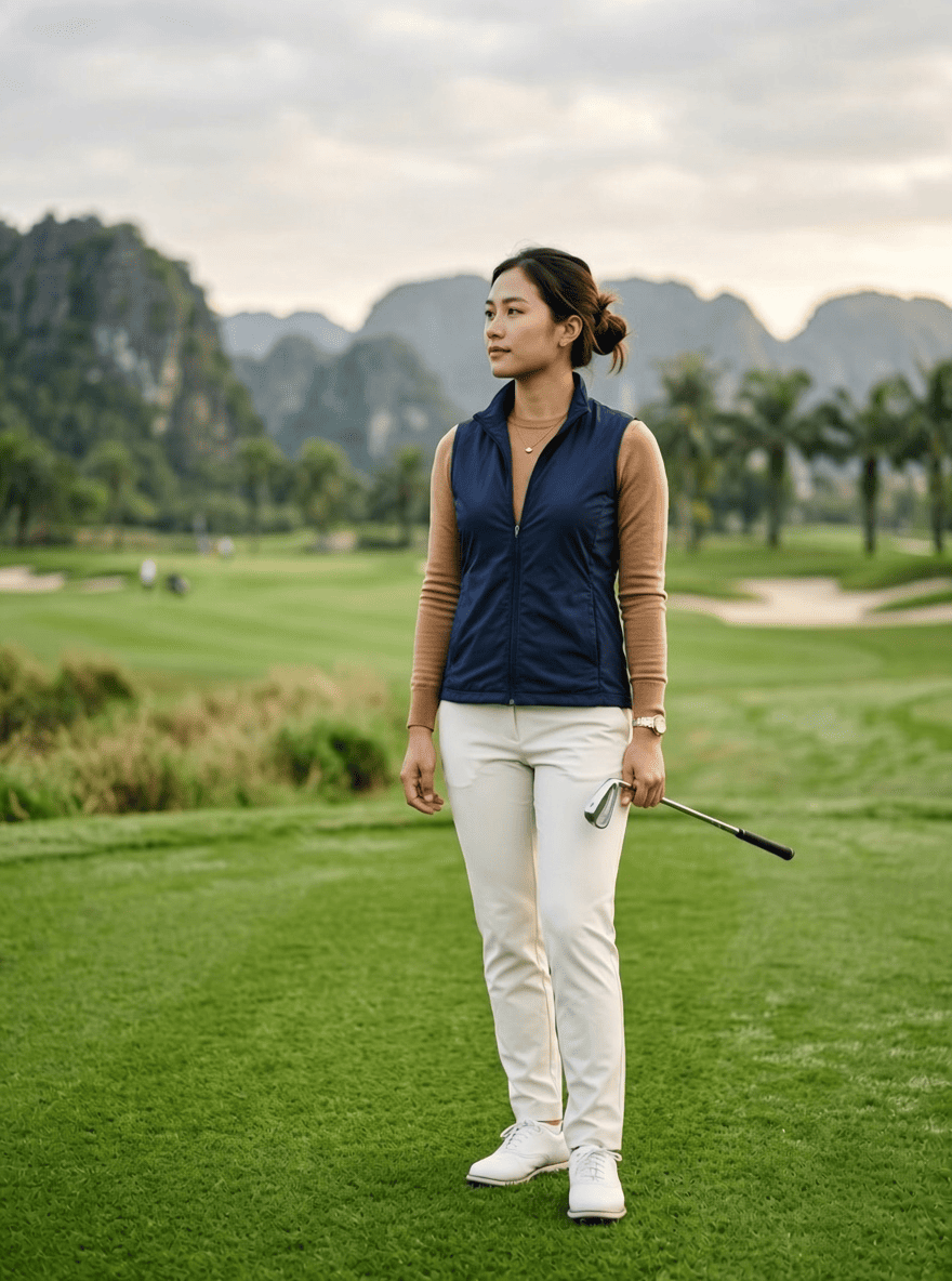 Người chơi golf Việt Nam mặc trang phục golf mùa thu tông màu nâu lạc đà, xanh hải quân và xanh ô liu