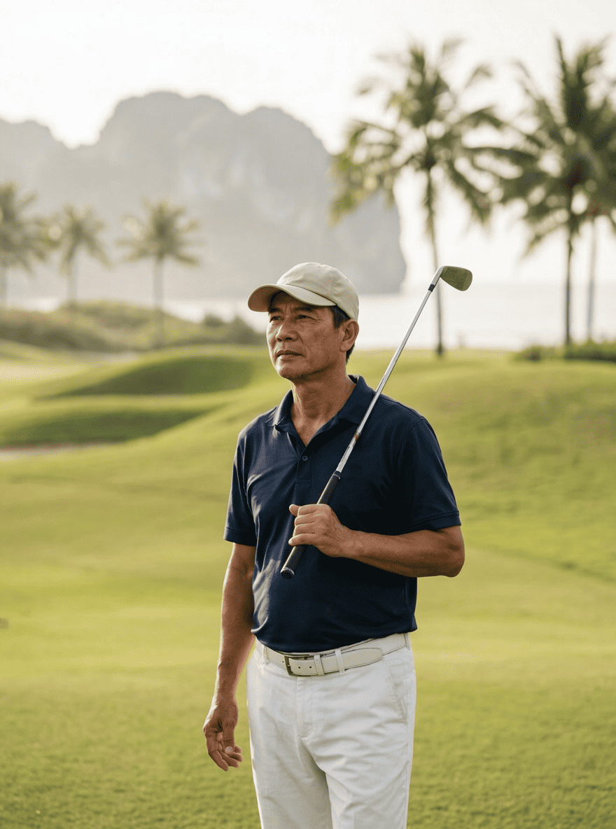 Người chơi golf Việt Nam trưởng thành mặc trang phục golf tông màu thanh lịch