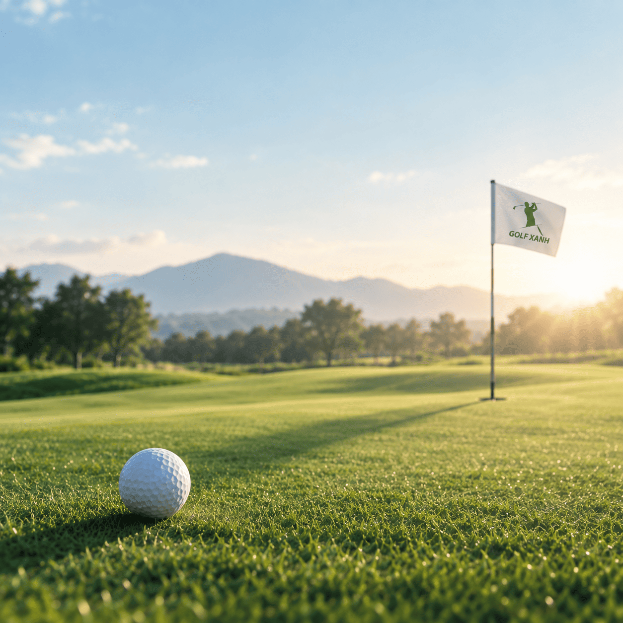 Nữ golfer trên sân cỏ xanh trong buổi bình minh