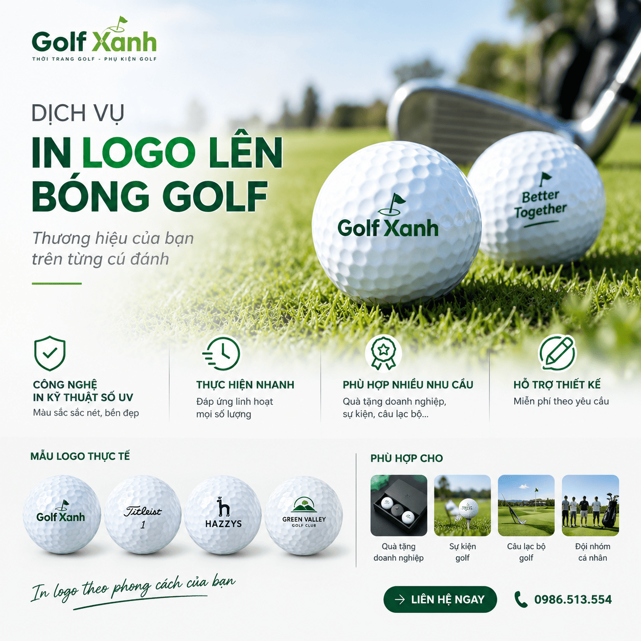 Bóng golf in logo công nghệ UV sắc nét